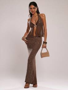 SHEIN BAE Women's Sequin Casual Versatile Date Night Knit Skirt,Spring/Summer New Arrival: A Brown Sequined Embroidered Shimmering Midi Skirt. Perfect For Beach Vacations, Beach Trips, Beach Parties, Dates, Nightclubs, Picnics, Parties, Music Festivals, Brunch, And Other Occasions. - Coffee Brown - View 3