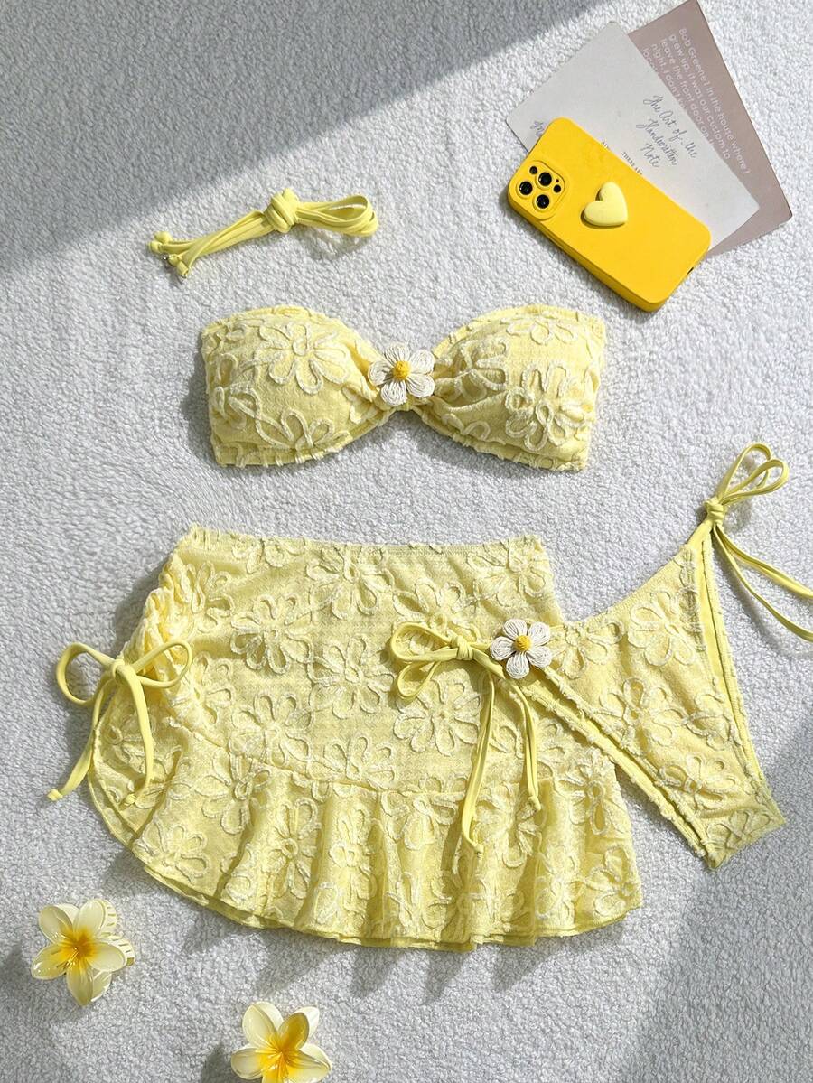 Swim Mod 3pcs Set: Lightweight Spaghetti Strap Crop Top, Tie Side Triangle Bottoms, And Ruffle Drawstring Mini Skirt - Yellow - View 1