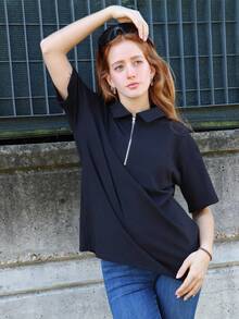 SILVIA DI SANTO 女士休闲商务部分纽扣前开襟polo领宽松短袖T恤老款，商务休闲女装，教师装 - 黑色 - 查看 5