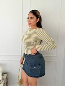 Maria Perezxox 休闲简约性感露肩奶油黄条纹长袖T恤，适合秋冬季节穿着，秋冬服装搭配，奶油黄条纹让您看起来更白皙 - 黃色 - 查看 6