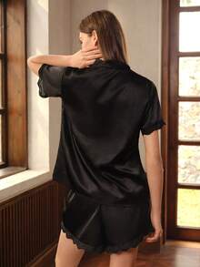 Moireta 蕾丝边缎面睡衣套装 - 黑色 - 查看 2