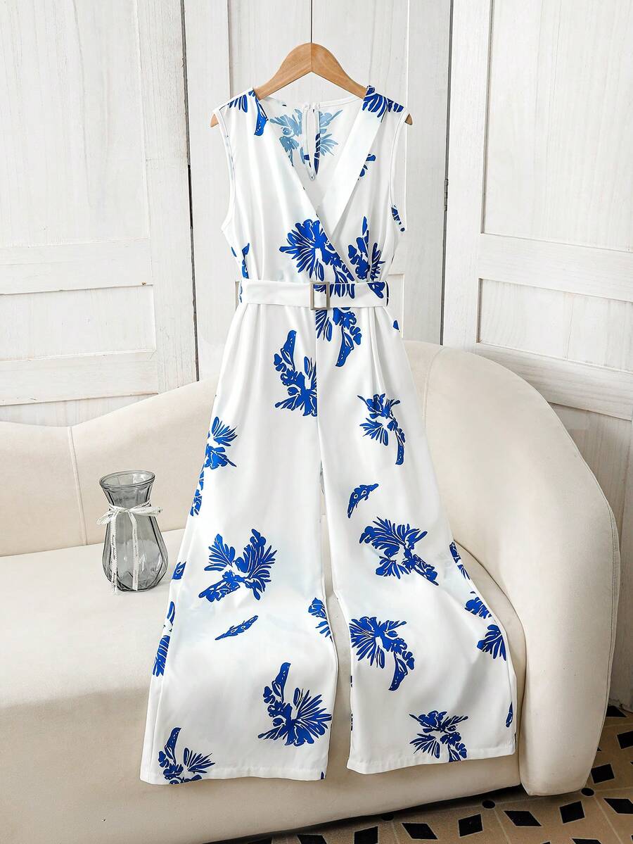 少女优雅印花V领无袖连体裤，夏季 - 藍白色 - 查看 1