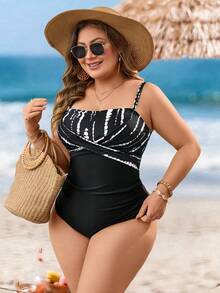 Swim Lushoire Plus Size Women One-Piece Solid Color Patchwork Black & White Polka Dot Print Spaghetti Strap Beach Vacation Bikini Swimsuit - Black and White - View 3