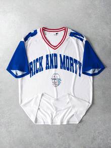 Rick and Morty X SHEIN Áo thun nam tay ngắn in chữ phối màu, kiểu dáng thường ngày, thích hợp cho mùa hè. - Màu be - Xem 2