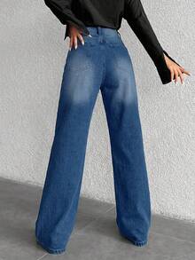 Women's Casual Washed High Waist Wide Leg Jeans - Medium Wash - View 2