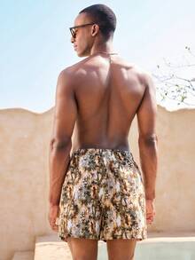 Manfinity VDAYZ 男士抽绳腰带全印花休闲沙滩短裤 - 香檳色 - 查看 6