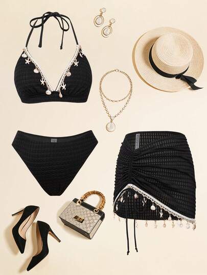 Swim Oasis Spring/Summer Hot Selling Beach Vacation Casual Special Fabric Halter Neck Tie Strap Neckline Shell Star Pendant Decor Top + Special Fabric Triangle Bottoms + Special Fabric Ruched Drawstring Hem Shell Star Pendant Belt Skirt 3-Piece Set