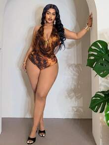 Slaydiva 大码女式咖啡色扎染露背深V网纱上衣搭配扎染高腰比基尼泳裤，沙滩度假套装 - 咖啡棕 - 查看 4