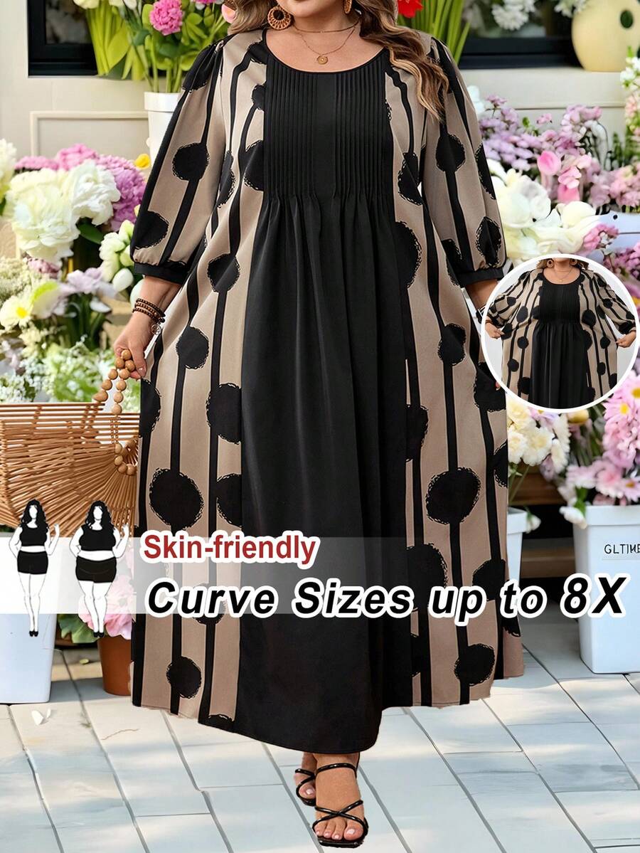 SHEIN CURVE+ Váy cỡ US22 dành cho người có thân hình đầy đặn, thích hợp cho lễ hội âm nhạc, kỳ nghỉ bên bờ biển, phong cách bohemian phối màu, thích hợp cho kỳ nghỉ thường ngày.