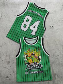 TEENAGE MUTANT NINJA TURTLES | SHEIN 1 chiếc áo tank top thể thao in hình hoạt hình sọc và số dành cho bé trai - màu xanh lá - Xem 1