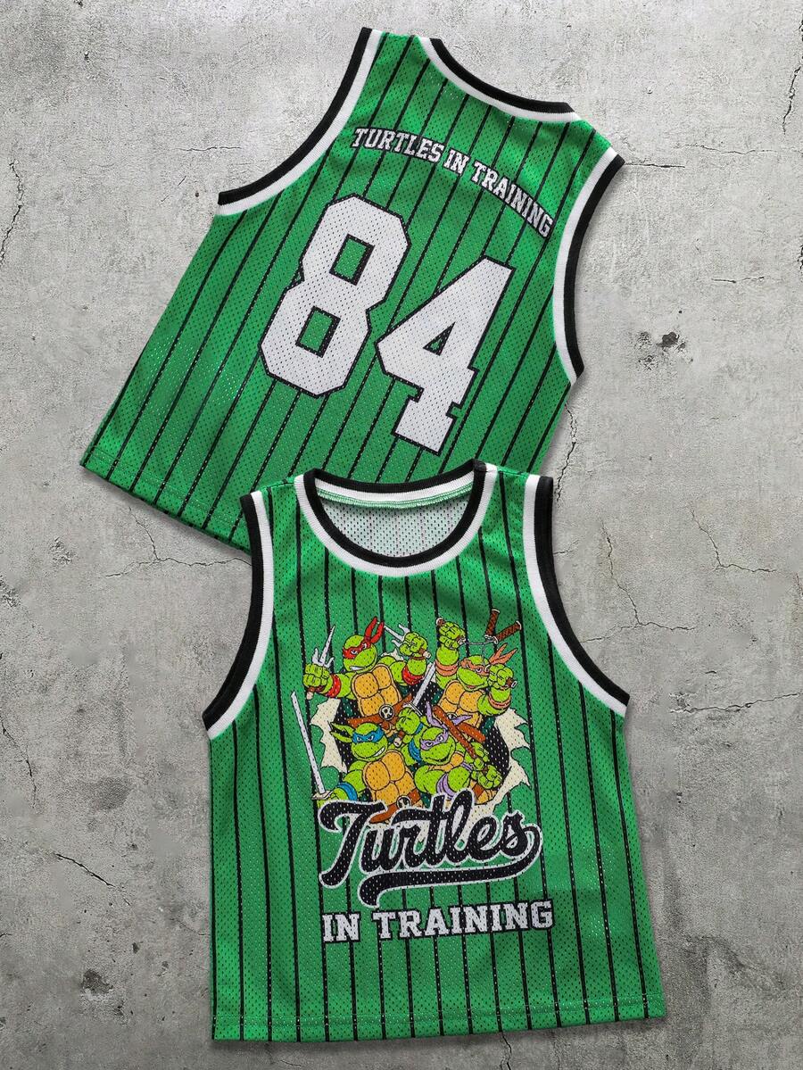 TEENAGE MUTANT NINJA TURTLES | SHEIN 1 chiếc áo tank top thể thao in hình hoạt hình sọc và số dành cho bé trai - màu xanh lá - Xem 1