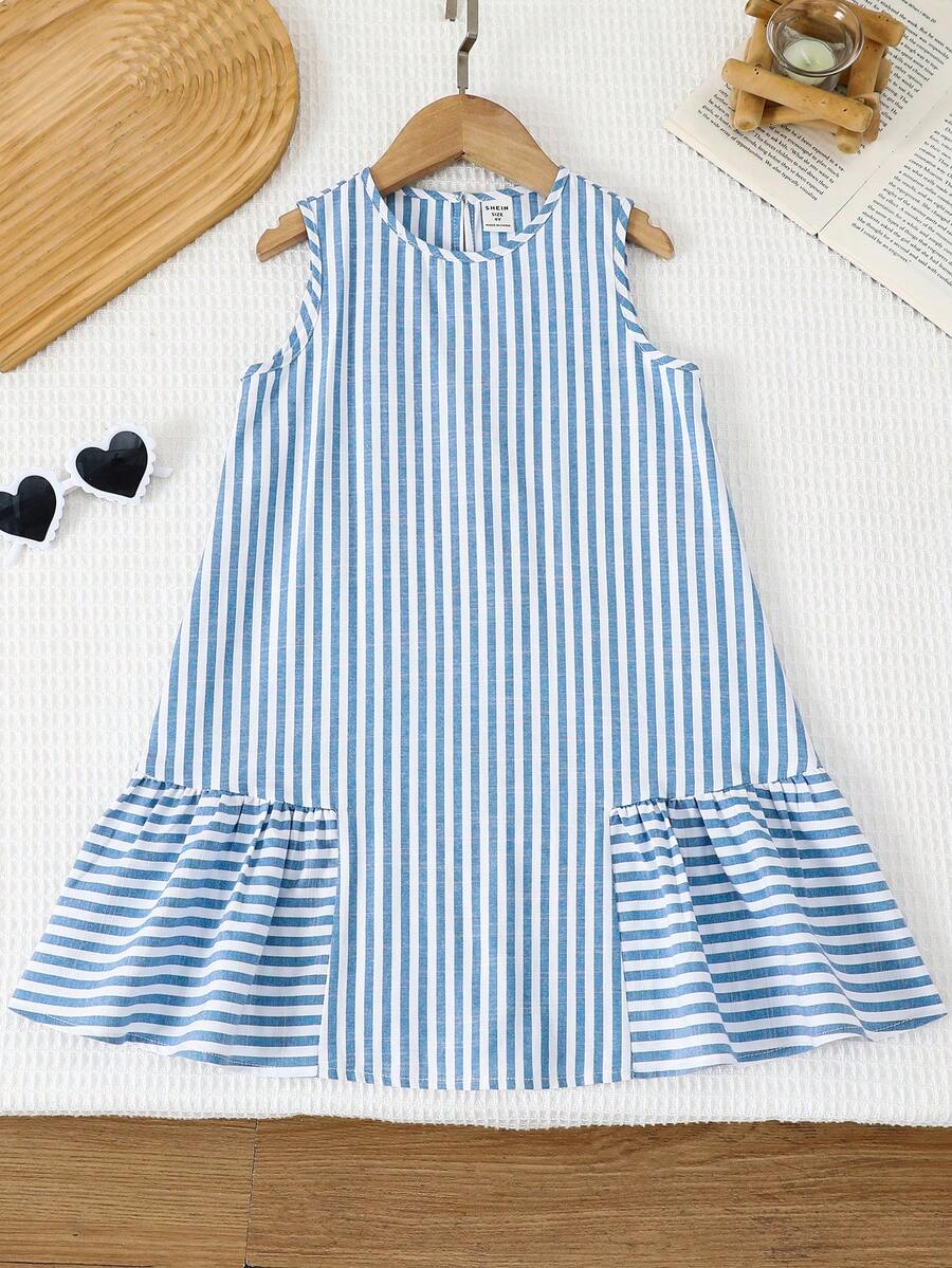 Young Girl Woven Striped Sleeveless Casual Dress - Blue and White - View 1