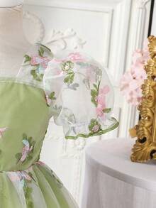 SHEIN Glamorique Kids Baby Girl Green Summer Elegant Princess Floral Mesh Puff Sleeve Dress For Toddlers Flower Girl Party Flower Embroidery Dress - Olive Green - View 4