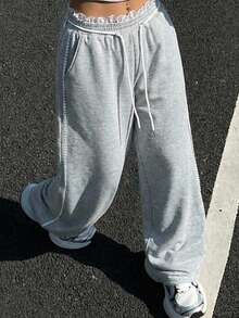 SHEIN EZwear Women's Drawstring Waist Lace Patchwork Casual Versatile Commuting Sweatpants - Light Grey - View 1