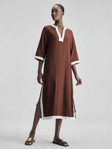 Ontre 2026 SS Linen Blend Midi Dress,White And Brown Colorblock V-Neck 3/4 Sleeve Straight Dress,Summer Minimalist Daytime Holiday Casual Elegant Commute - Brown - View 4