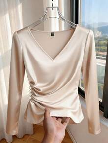 Franclia Women's Casual Champagne Knitted Fabric Ruched Notched V Neck Regular Long Sleeve T-Shirt - Champagne - View 3