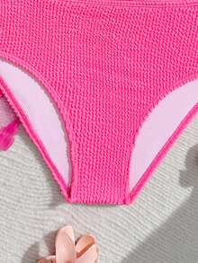 Tween Girl Summer Vacation Beach Solid Textured Halter Bikini Set And Mesh Applique Cover-Up Skirt - Red - View 4