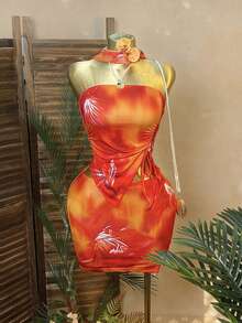 Rovax Camizolă sexy cu tiv asimetric și imprimeu floral + fustă mini cu imprimeu floral, set sexy pentru femei pentru vacanță la plajă, set două piese fără bretele, set roz două piese, set două piese cu imprimeu floral, set două piese cu fustă creion, set două piese cu imprimeu floral. - Multicolor - Vizualizare 3