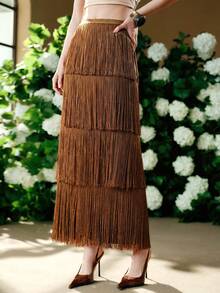 Arave Women's Woven Fabric Flared Waist Slit Fringe Patchwork Design Casual Skirt - Brown - View 3