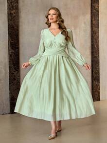 Roveilla Große Größen V-Ausschnitt Blütenärmel strukturierte geraffte Taille Midi Kleid Salbeigrün, Herbst, elegant, Hochzeitsgast französischer Stil Leinen Seidenkleid für Frauen Hochzeit - Minzgrün - Übersicht 5