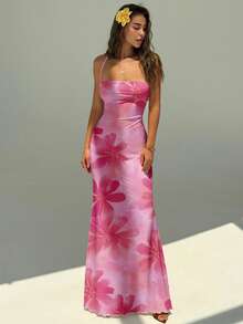 Aloruh Đầm nữ thanh lịch hở lưng cổ yếm in hoa, họa tiết hoa màu hồng. - Hồng - Xem 7