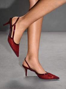 CUCCOO SZL Women's Shoes, Fashionable Light Gold Mesh Rhinestone Stiletto Pointed High Heels With Back Strap Disco Party Night Out Spring Shoes Spring Break Easter Prom Heels For Christmas Spring Shoes - dark burgundy - View 6