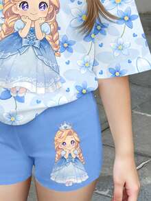 SHEIN Imprimé floral bleu mignon, imprimé de la princesse reine des neiges de dessin animé Frozen, ensemble assorti pour sœurs et meilleures amies, t-shirt à manches courtes et short 2 pièces style minimaliste décontracté pour jeune fille, adapté pour l'été - Multicolore - Voir 6