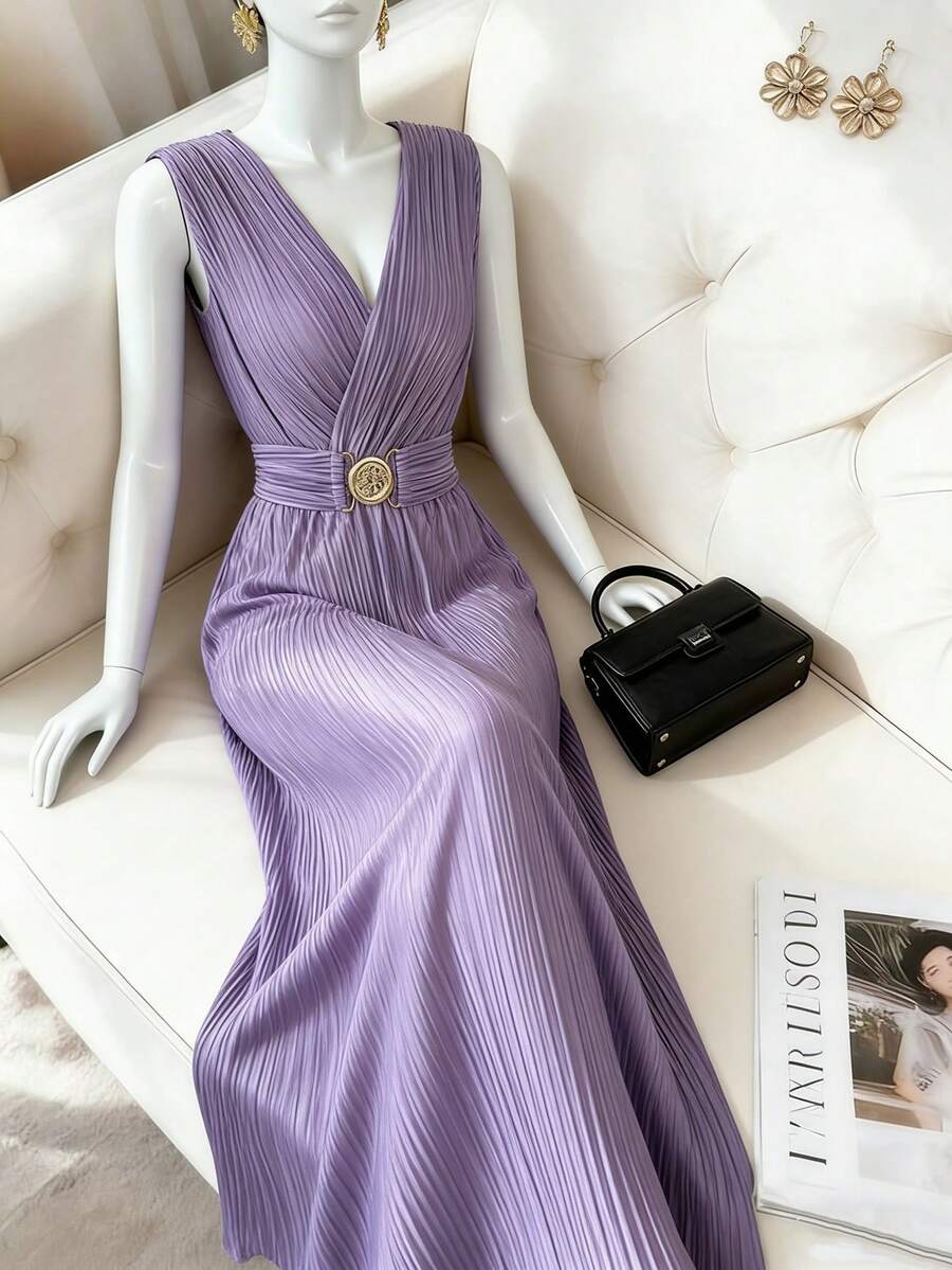 Franclia Women's Fashionable And Versatile Party Dresses, Women's Long Lilac Purple Sleeveless Wrap Dress With V-Neck Pleats, Dress With Metal Buckle Belt, Elegant And Slim Lilac Purple Banquet Dress, Women's Wedding Guest Dress, Wedding Party Dress, Women's Holiday Dress, Elegant Long Dress, Women's Beach Dress, Women's Graduation Dress, Women's Formal Dress/Gown, Women's Purple DressGraduation Season Attire, Fashionable Casual Commuter Wear, Business Office Wear, Versatile And Stylish Everyday Casual Wear, Urban Teacher's Professional Attire - Lilac Purple - View 1
