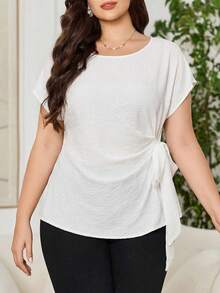 SHEIN Clasi Áo kiểu nữ cỡ lớn màu trơn cổ tròn tay cánh dơi ngắn buộc dây bên hông - trắng - Xem 5