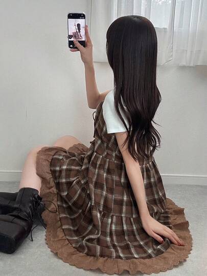 FRIFUL 女士格子吊带拼接刺绣棉布前蝴蝶结装饰休闲宽松百搭背心，秋冬款