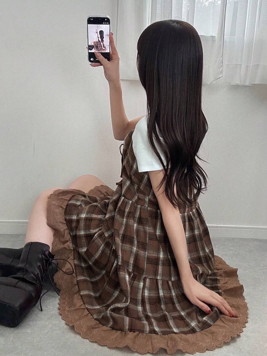 FRIFUL 女士格子吊带拼接刺绣棉布前蝴蝶结装饰休闲宽松百搭背心，秋冬夏季款 - 棕色 - 查看 1