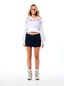 BABYPHAT 女士浅灰色翻领收腰卫衣，饰有文字印花，休闲套头衫 - 灰色 - 查看 3