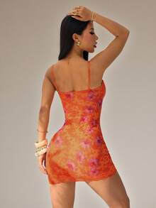 SHEIN PETITE Lace Cup Detail Tropical Floral Mesh Bodycon Mini Dress Dress With Built In Bra Women Sexy Dress Orange Dress Night Club Dress - Orange - View 2