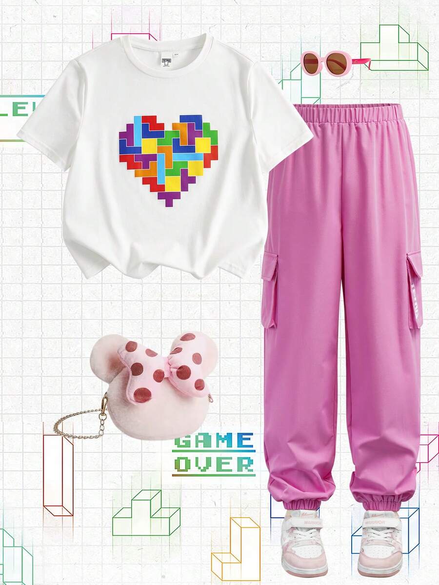 Tetris™ X SHEIN 少女爱心印花短袖T恤搭配松紧腰工装裤，休闲日常穿搭 - 白色 - 查看 1