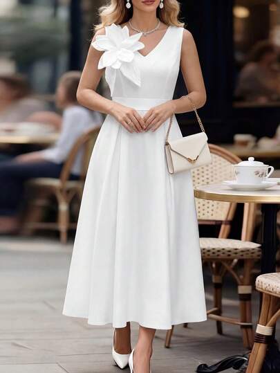 Elenzga Plus Size Women Elegant Waist Cinched Sleeveless Dress, 3D Floral Decor, Suitable For Work And Vacation