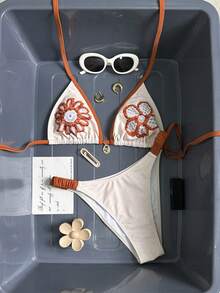 Swim Mod Girls' Printed Spaghetti Strap Halter Bikini Top And Ruched Side Triangle Bottoms 2 Pieces Swimwear - Multicolor - View 7