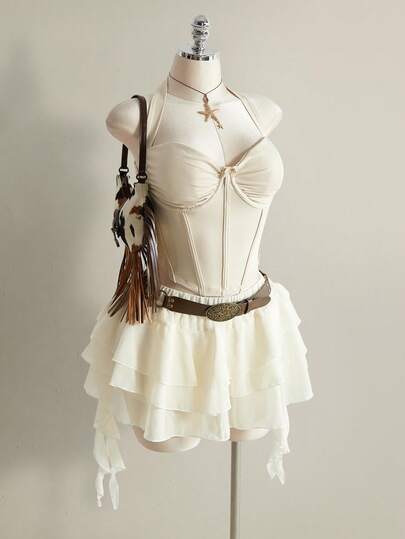 SHEIN ICON Plus Size Women's Spring/Summer Retro Sexy Millennial Style Y2K Bohemian Style Beach Vacation Music Festival Outfit Irregular Ruffled Hem Apricot Chiffon Midi Skirt