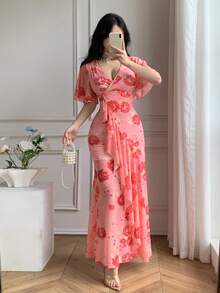 Celisse 女士V领印花弹力腰荷叶边下摆修身优雅连衣裙 - 粉色 - 查看 4