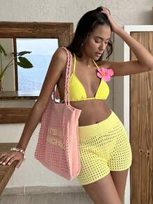 SHEIN Crochet Knit Tote Bag Beach Bag Shoulder Bag Shopper Bag Vacation Bag Summer Bag HollowOut Knit Bag - Yellow - View 4
