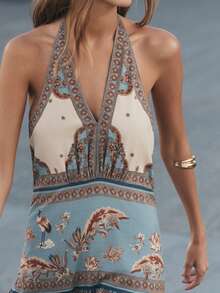 Nöista 女士夏季连衣裙：浅蓝色和米色相间的露背长裙，饰有灵感源自波西米亚风情的印花图案。这款连衣裙采用宽腰收腰设计，A字裙摆，非常适合休闲穿着、度假穿着，并能营造出波西米亚风情和异域风情。 - 彩色 - 查看 8