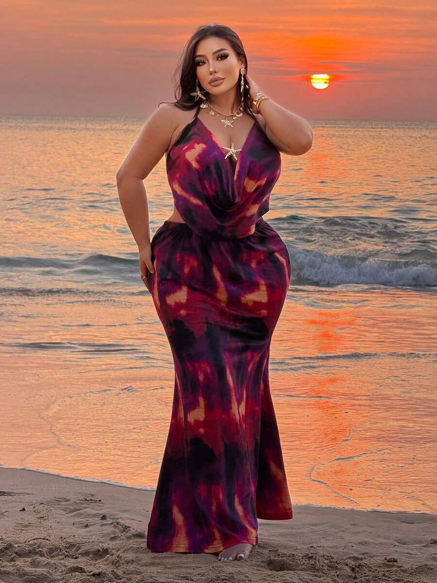 NU&NOW Plus Size Vacation Style Spaghetti Strap Camisole & Skirt 2 Pieces Set - Multicolor - View 1