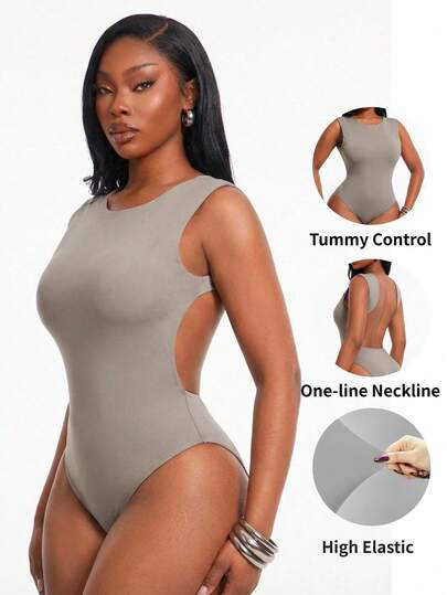 SHEIN SXY Plus Size Sexy Solid Color Backless Sleeveless Bodysuit, Summer