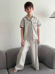 DAZY Tween Boy Striped Short Sleeve Single-Breasted Pocket Top And Pants Pajama Set - Grey - View 1