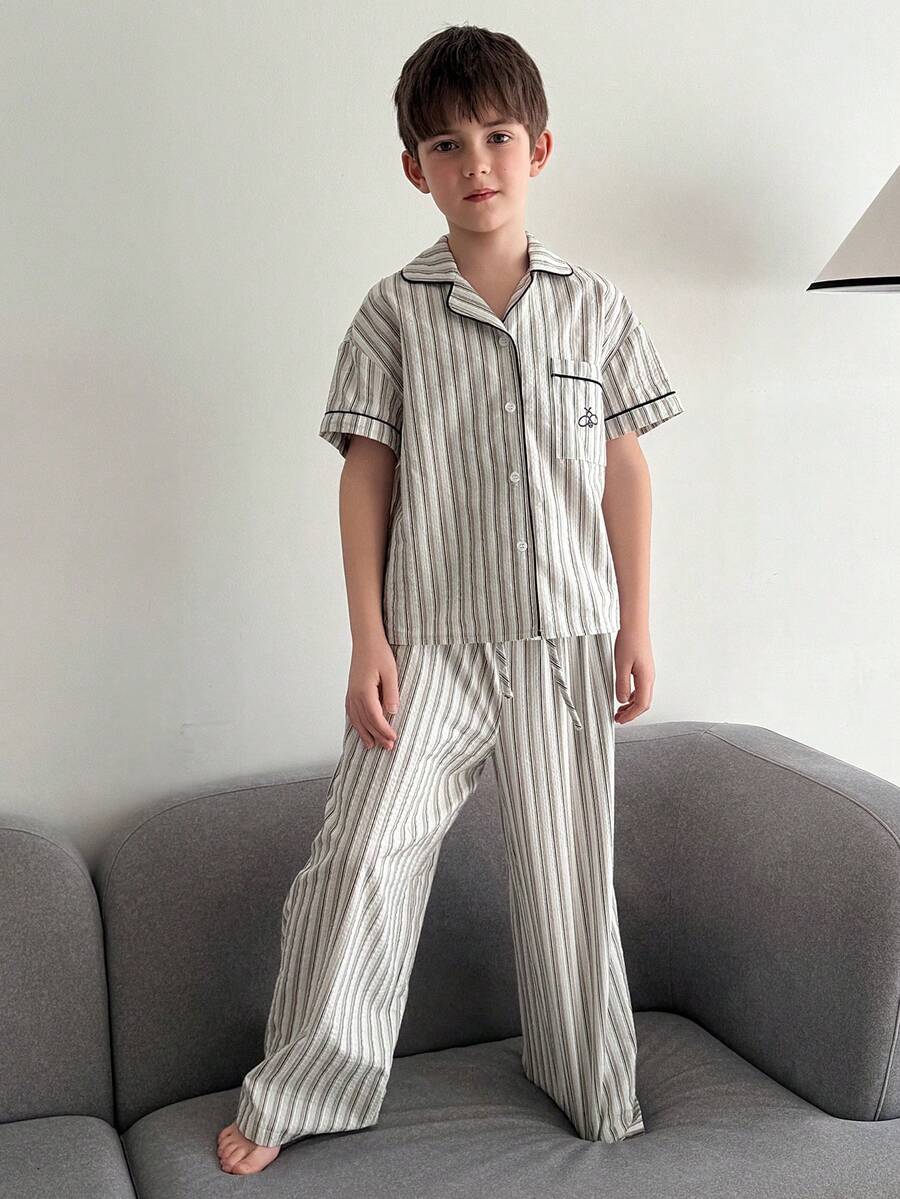 DAZY Tween Boy Striped Short Sleeve Single-Breasted Pocket Top And Pants Pajama Set - Grey - View 1