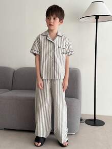 DAZY Tween Boy Striped Short Sleeve Single-Breasted Pocket Top And Pants Pajama Set - Grey - View 5