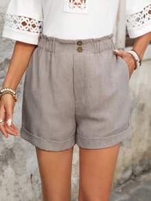 EMERY ROSE 女士纯色腰部纽扣设计休闲短裤 - 白色 - 查看 5