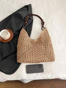 Medium Capacity Portable Women Woven Straw Shoulder Bag, Handbag For Beach & Vacation, Beach Bags, Summer Outfits - Light Khaki - View 7