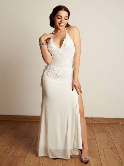 Lupita Cardoza 手工3D立体花朵项链系带白色网纱深V高开衩连衣裙，适合婚礼季、夏季女士连衣裙、白色毕业派对礼服