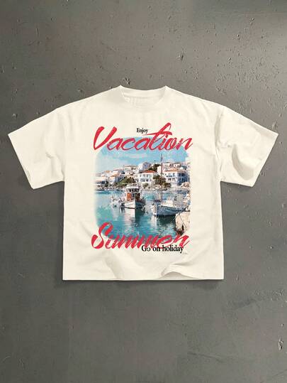 StoneGrade 城市海港度假风景印花男士宽松短袖T恤，约会聚会必备，时尚情侣礼物，送给男友的理想之选