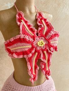 Soleia Women's Pink Floral Summer Boho Crochet Halter Neck Vest,Vacation Holiday Beach Cruise Music Festival Outfit,Retro Casual Crochet Top Party Luau - Pink - View 10